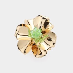 Green Pearl Ball Beaded Metal Cocktail Flower Petal Ring Statement Accessory